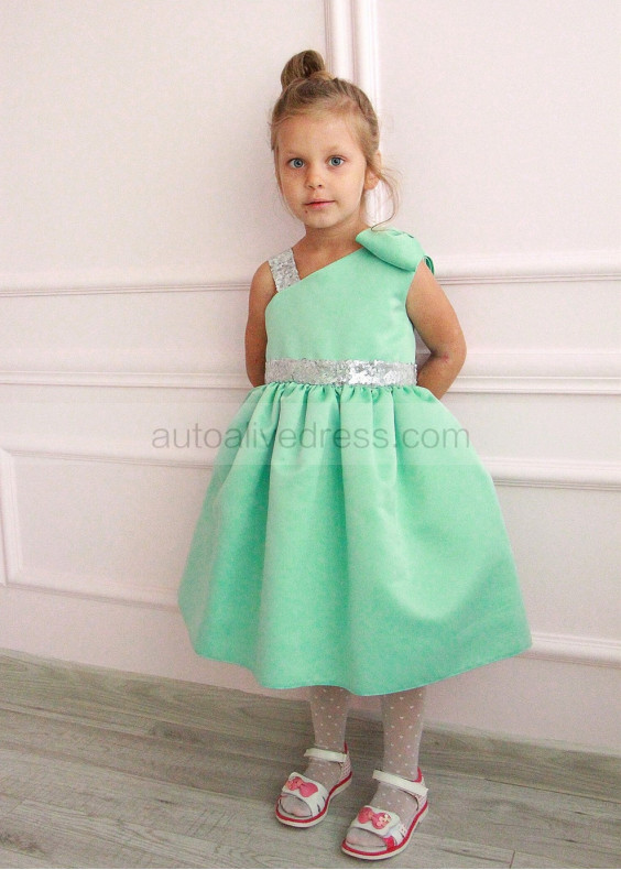 Mint Satin Silver Sequin Flower Girl Dress